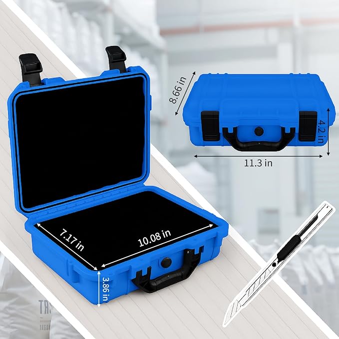 Relaxweex 1 Pcs Waterproof Hard Case with DIY Customizable Foam Insert Portable Protective Case with Knife for Camera Drones Equipments Tools Test Instruments(Blue,11.3 x 8.7 x 4.2 Inch)