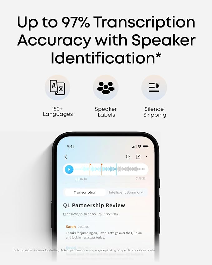 soundcore Work AI Voice Recorder by Anker, Wearable Note Taker for Meetings, Transcribe and Summarize, MFi Certified, 64GB, 150+ Languages, USB-C Charging