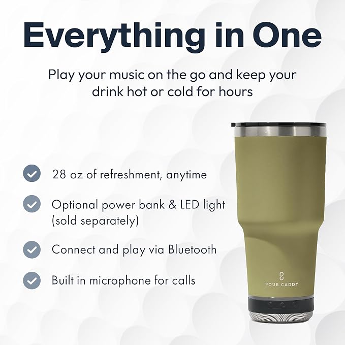 Vibe 28 oz Tumbler with Bluetooth Speaker, Insulated Stainless Steel Travel Cup with Lid, Hot & Cold Drink Beverage Container, Removable Speaker with Microphone, Rubber Base, Sandstone