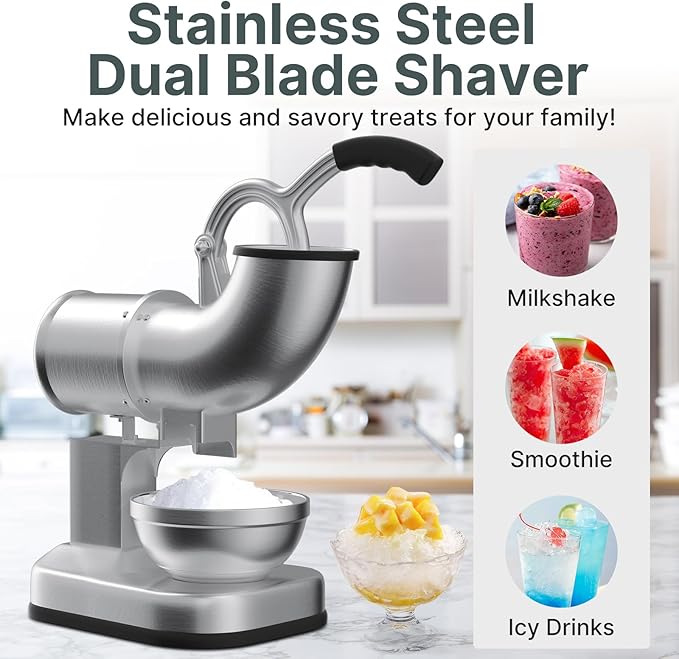 Electric Ice Shaver, Stainless Steel Dual Blade Ice Crusher 440LBS/H, Commercial Shaved Ice Machine, Snow Cone Machine for Home, Commercial, Restaurants, Bars, Party