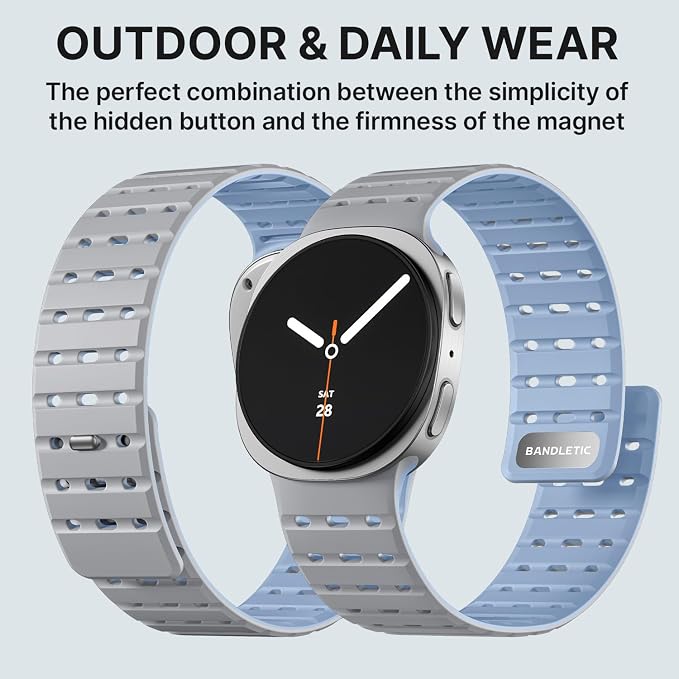 Bandletic Magnetic Band Compatible with Samsung Galaxy Watch 8 40mm 44mm / Watch 8 Classic 46mm 2025, No Gap Soft Breathable Silicone Replacement Strap for Men Women, Light Gray/Ice Blue