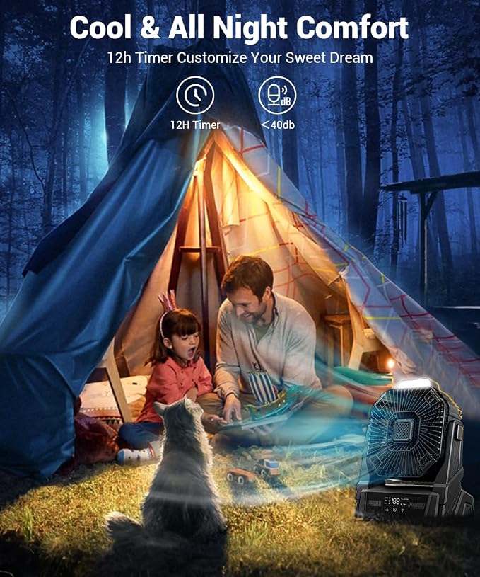 KopBeau Portable Camping Fan with Lights, 20000mAh Rechargeable Battery Operated Fan, Battery Powered Outdoor Beach Tent with 3 Speeds & Hook, Personal USB Table for Camping Accessories Black