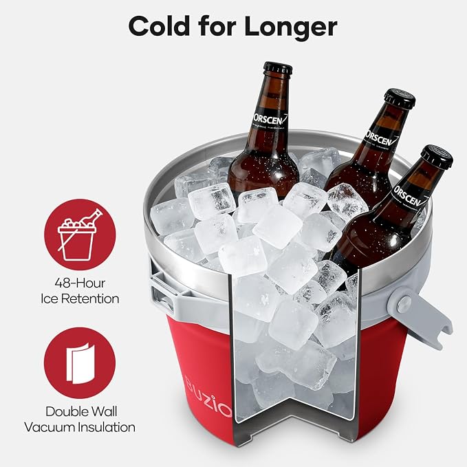 BUZIO 7 L Insulated Ice Bucket with Lid and Scoop & Tongs, Double Wall Large Ice Buckets for Parties Cocktail Bar Champagne, Holds 6 Longnecks or 3 Wine Bottles, Red