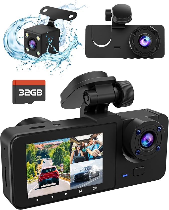 3 Channel Dash Camera for Cars, 4K+1080P Full HD Dashboard Camera, Dash Cam Front and Rear Inside with 32GB SD Card,2.0 inch IPS Screen, IR Night Vision,G-Sensor,Loop Recording,24H Parking Monitor