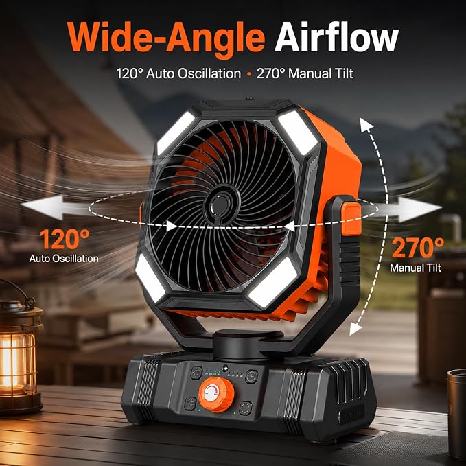 Portable Camping Fan with LED Lantern, 10000mAh Rechargeable Battery Operated Outdoor Fan with Remote, Auto Oscillating Portable Misting Fan with Hanging Hook for Tent, ABS, Orange & Black