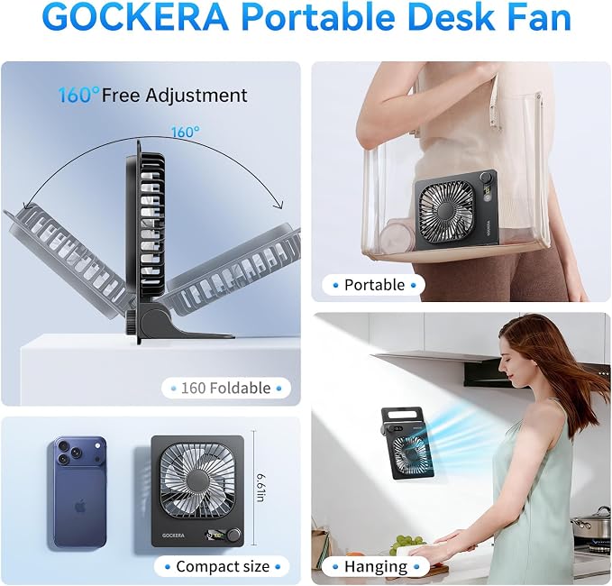 GOCKERA Desk Fan, 6.61''Ultra-thin Battery Powered Fan with Powerful Wind,100 Speeds Adjustable&Digital Display,Timer,Ultra-quiet Small Portable Fan for Bedroom,Office,Travel (Black, 2000mAh)