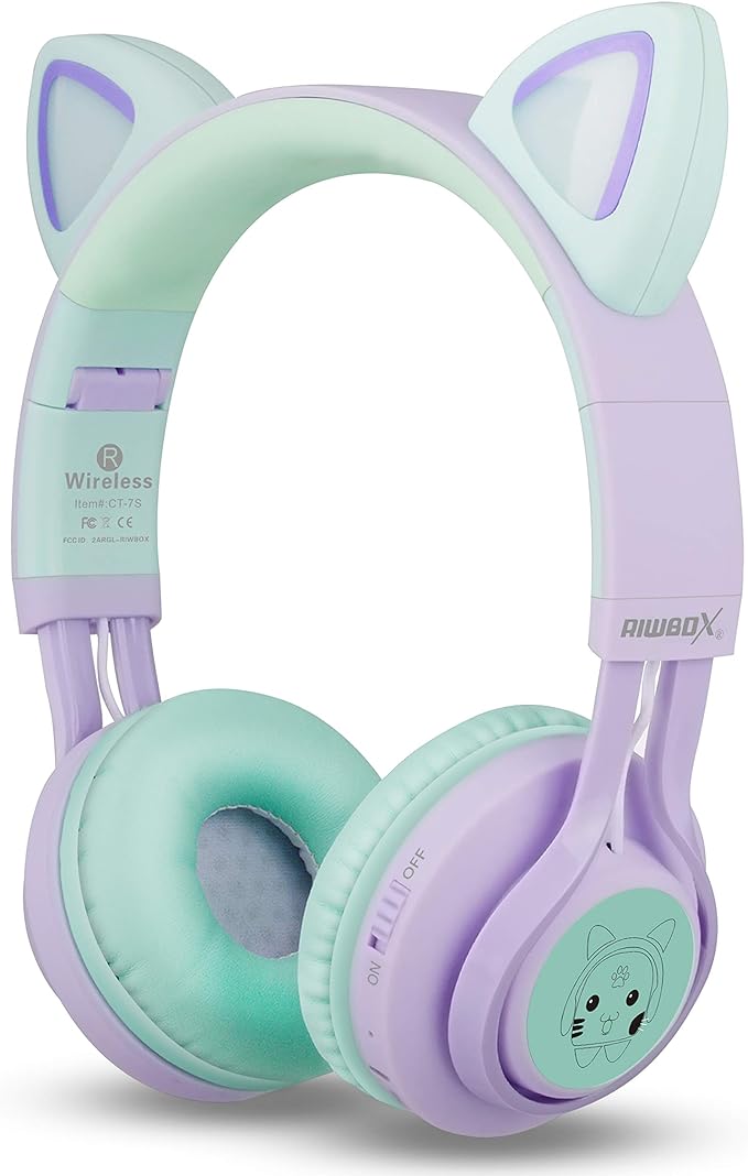 Riwbox Kids Wireless Headphones, CT-7S Cat Ear Bluetooth, 85dB Volume Limiting, LED Light Up Over Ear with Microphone for Laptop/PC/TV (Purple&Green)