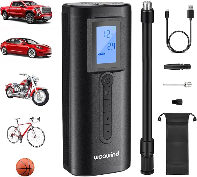 Woowind Tire Inflator & Power Bank 2 in 1 Portable Air Compressor, Electric Bike Pump with Digital Pressure Gauge, Air Pump for Car Tires, Bicycle, Motorcycle, Scooter, Balls (AP2-P)