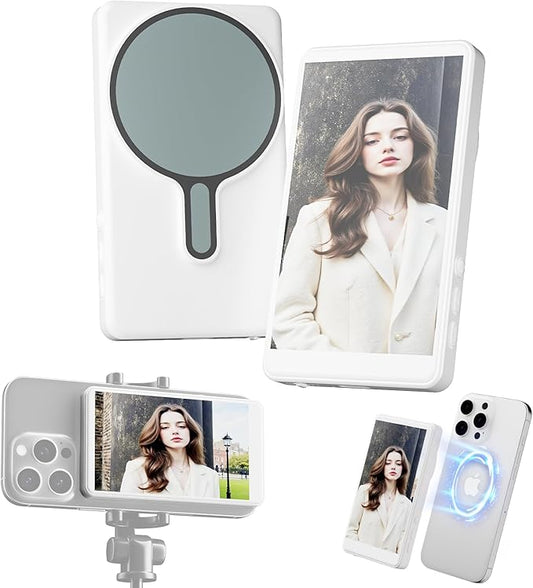 FMC Vlogging kit for iPhone, Selfie Monitor Screen Phone Vlog Support 4K 30fps Wireless Connection Magnetic Screen Mirroring Using Back Camera for Vlog Live Stream TikTok, White