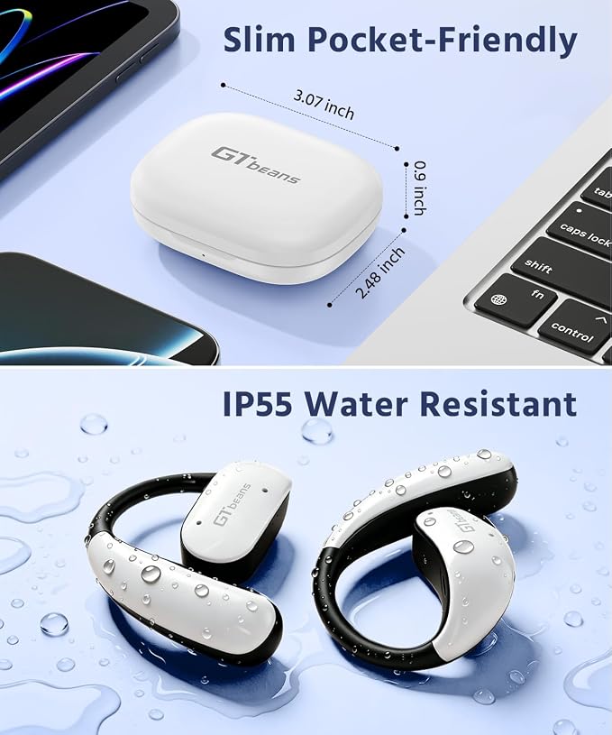 Open Ear Earbuds, Soft Earhook, 56H Playtime, Bluetooth 6.0, Bass | True wireless over ear headphones, Ergonomic fit, Powerful Sound, AI clear call mic, IP55 waterproof for work, sport, White