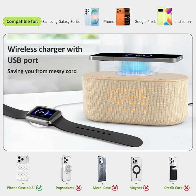 DreamSky Bedroom Radio Alarm Clock with Wireless Charger for Samsung iPhone | Bluetooth Speaker, Loud Alarm for Heavy Sleepers, FM Radio with Sleep Timer, 0-100% Dimmer, 9 Alarm Sounds & 16 Volumes, USB