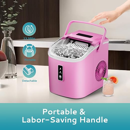 EUHOMY Countertop Ice Maker Machine with Handle, 26.5lbs Per Day, 9 Cubes in 6 Mins, Auto-Cleaning Portable Ice Maker with Basket and Scoop, for Home/Kitchen/Camping/RV (Pink)