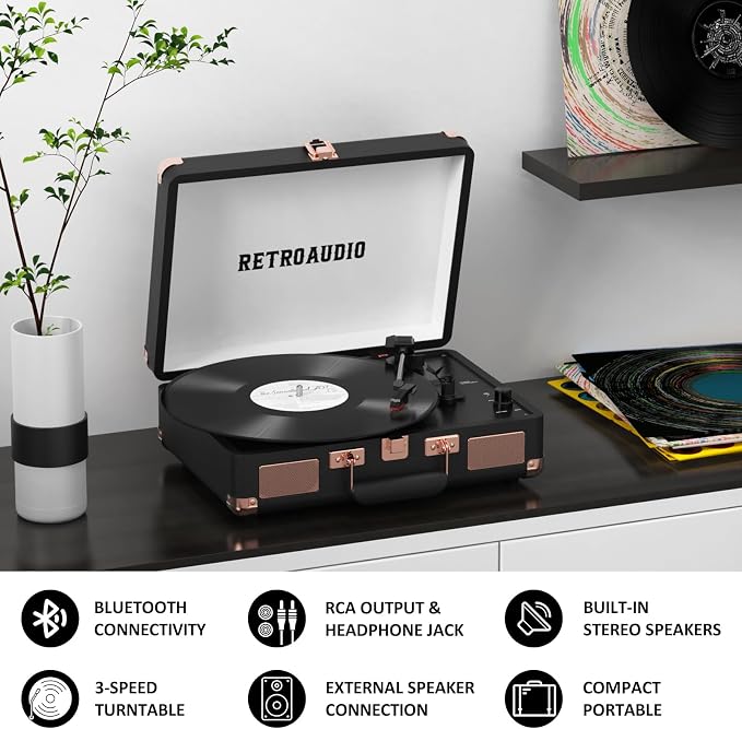 Vinyl Record Player 3 Speed Bluetooth Portable Suitcase Belt-Driven Record Player with 2 Built-in Stereo Speakers Vinyl Vintage Turntable Records Player with RCA Line Out AUX Out (Black&Rose Gold)