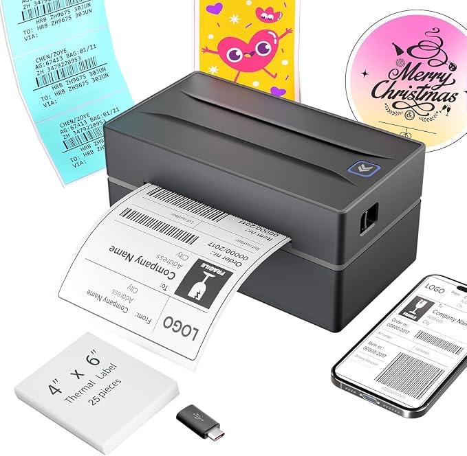 Bluetooth Thermal Shipping Label Printer (Black) + Thermal Direct Shipping Labels (Pack of 500 Fan-Fold Labels)