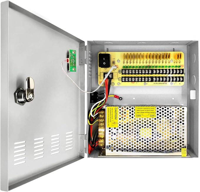18 Channel 12 Volt DC Output 20A CCTV Distributed Power Supply Box for Security Camera with AC Plug and Lock for Security Cameras, DVRs, CCTV Power Supply (20A 18-Channel)