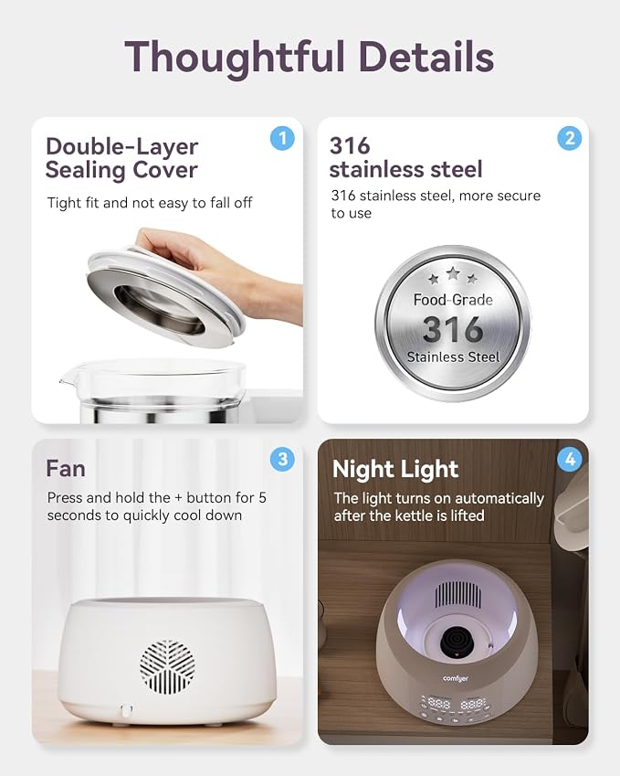 comfyer BK01 Bottle Warmer, Baby Bottle Warmer with Night Light & Faster Cooling Fan, Instantly Water Warmer, Tea Kettle Electric with 6 Temperature Control Presets, Feed Baby More Easier & Healthier