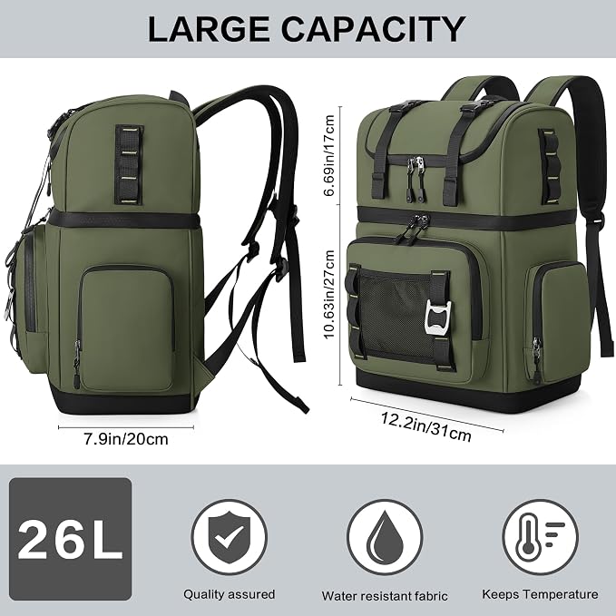 Large Waterproof Insulated Cooler Backpack for Men & Women, Double Decker Leak Proof Cooler Backpack for Beach, Camping, Picnic, Travel, 26L, 44Cans