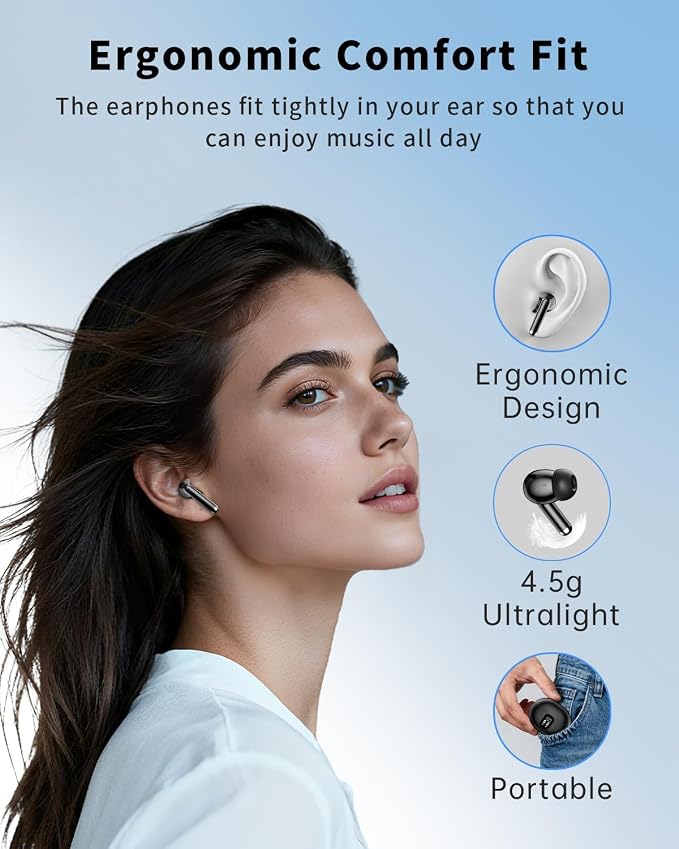 Wireless Earbuds, Bluetooth 5.4 Headphones with 50H Playback, Deep Bass Stereo Ear Buds Clear Calls with LED Power Display, IPX7 Waterproof, in-Ear Earphones with Mic for Phone/Android/iPad, Jet Black