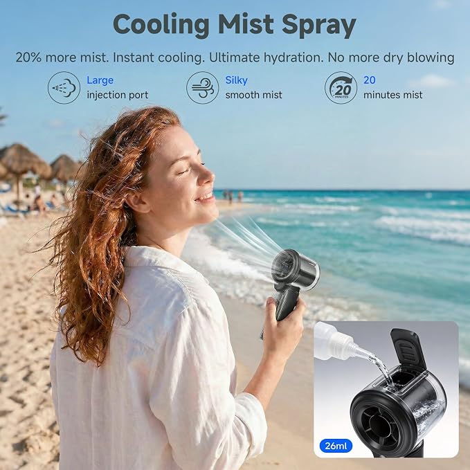 COKUNST Handheld Fan with Mist Spray & 1-100 Speed, Toggle Button & LED Digital Display, 3000mAh USB Rechargeable, 16000 RPM Turbo Mini Fan for Travel Outdoor Camping Makeup Home Office – Black