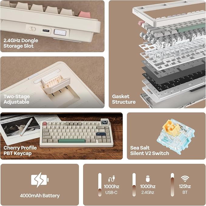 EPOMAKER RT82 Wireless Mechanical Keyboard with Screen, VIA Custom, 2.4GHz/USB-C/BT5.0, RGB Backlit, Gasket, 5-Paddings, PBT Keycaps, Hot-Swap Retro Gaming Keyboard (Sea Salt Silent)