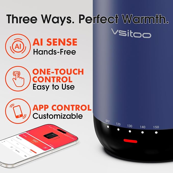 VSITOO S3 Pro 16oz Smart Self Heating Coffee Mug, Heated Coffee Mug with AI Auto-Sensing Temperature Control, 120-150℉ Rechargeable Smart Mug Warmer, IPX7 Waterproof, Gift for Men Women, Blue