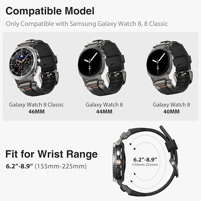 ULTIMAL Rugged TPU Sport Band ONLY for Samsung Galaxy Watch 8 Classic & Galaxy Watch 8 (40/44/46mm), Replacement Strap with Secure Connector, Waterproof Sweat-Resistant, Fit 6.2”-8.9”(Black+Grey)