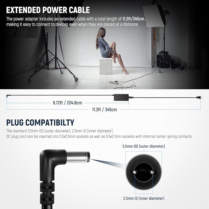 NEEWER 15V 4.8A 72W Power Supply with 5.5mmx2.5mm Male DC Cord, 100-240V AC to DC Power Adapter for Ring Light RL18, LED Video Light NL660 GL1 RGB168 RGB1200 and More (US Plug)