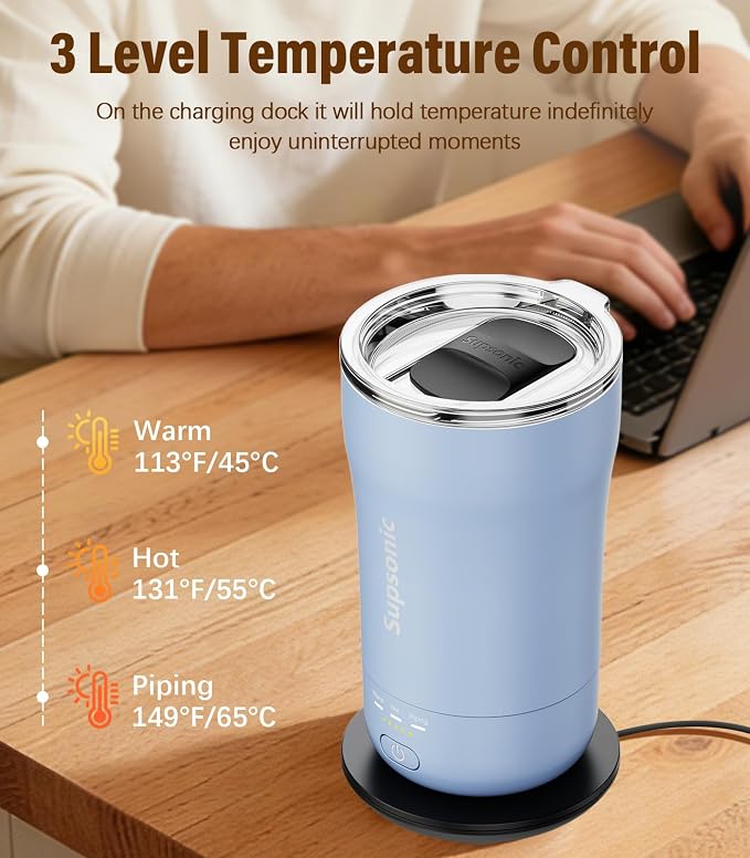 Supsonic - 14oz Heated Coffee Mug, Self-Heating Travel Mug with 3-Temp Settings, Insulated Stainless Steel Constant Temperature Heating Mug for Beverage, Smart Heating Portable Coffee Mug | S1