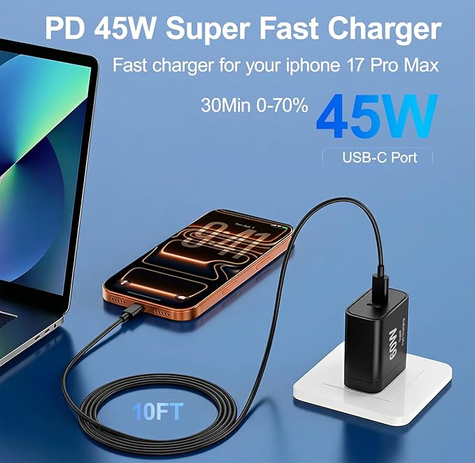 iPhone 17 Charger,45W Fast Charging Dual Port USB C Charger Block with 3/6/10/10FT Type C Charging Cable-PD Quick Adapter 3.0 for iPhone 17e/17/17 Pro/17 Pro Max/Air/16/15 Pro Max/Plus,iPad (Black)