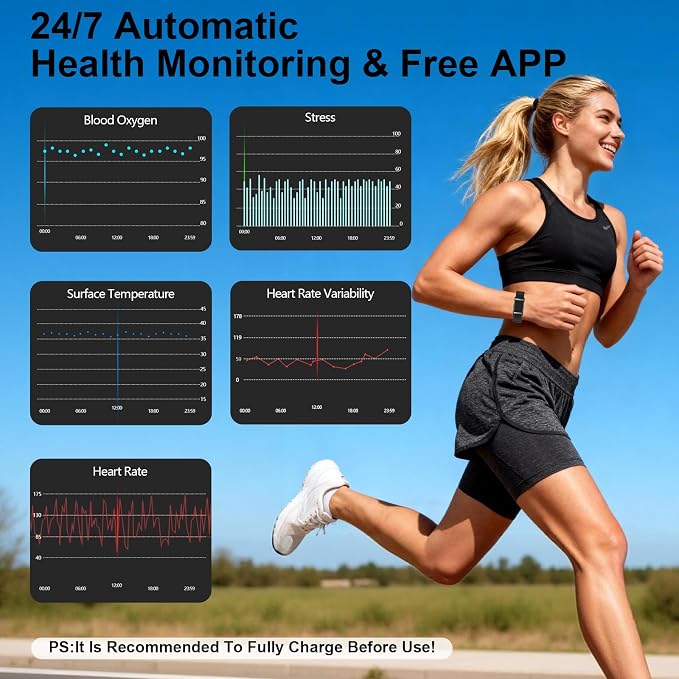 Smart Bracelet Fitness Trackers for Men Women, Smart Watch 24/7 Heart Rate Sleep Stress HRV Monitor, 170+ Sports Modes, 2 Bands, Free APP