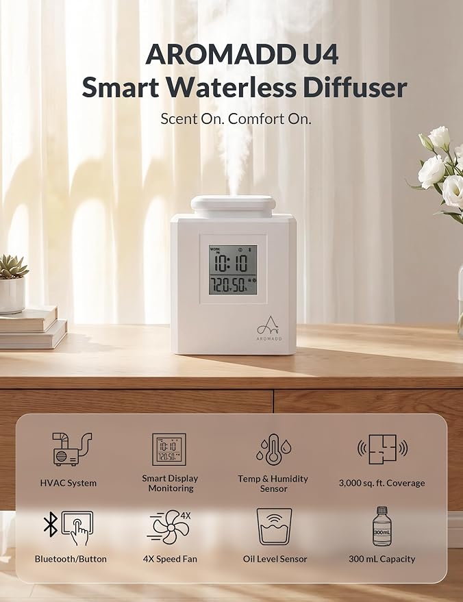 Aromadd U4 Smart HVAC Scent Diffuser for Home – 3000 Sq Ft Waterless Essential Oil Diffuser with Cold Air Tech, Whole House & Hotel Collection Scent Air Machine with Clock & Environmental Display