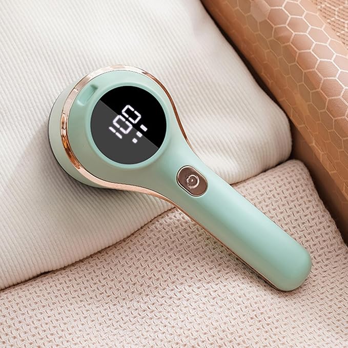 Rechargeable Electric Fabric Shaver with LED Display, 3-Speed Lint Remover for Clothes and Furniture, 6-Blade Portable Sweater Defuzzer, Battery-Powered Fuzz Remover - Green