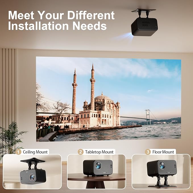 [Officially-Licensed App & Auto Focus]Light Black Smart Mini Projector with WiFi and Bluetooth, XuanPad 4K Support Movie Projector, Portable Native 1080P Outdoor Projector with 360° Stand
