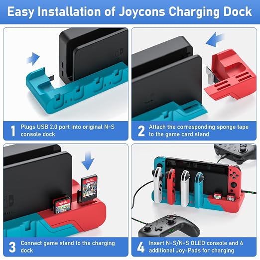 Switch Game Storage with Controller Charger for Nintendo Switch & OLED Model, Switch Charging Dock Charges 6 Joycons, Switch Gaming Accessories Holder Desk, Switch Game Gift Card Organizer (Red＆Blue)
