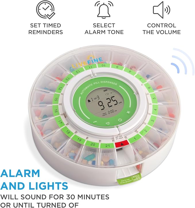 LiveFine Automatic Pill Dispenser with Removable Cups, 21 Compartments, 9 Dosage Rings, Alarm Reminder, LCD Display, Sound & Light Alerts, Locking Key for Vitamins, Supplements, Medications & Seniors