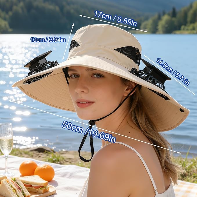 Hat with Fans Solar Power, UPF 50+ Wide Brim Sun Hat, Fishing Essentials for Hiking Beach Summer Safari