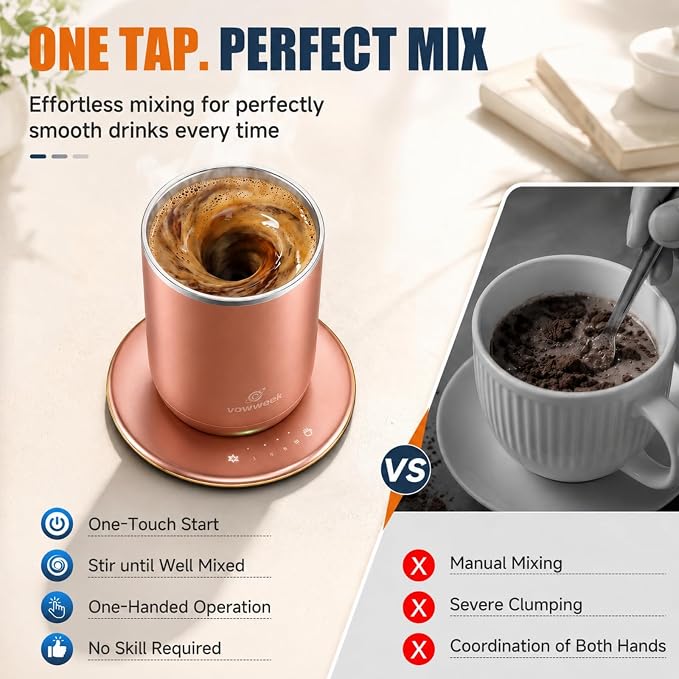 Self Stirring Heated Coffee Mug, 10 oz Auto Magnetic Mixing Cup, DustyRose | 304 stainless steel interior. Includes 3 heat settings, 8H auto shut-off, plug-in base for home office desk