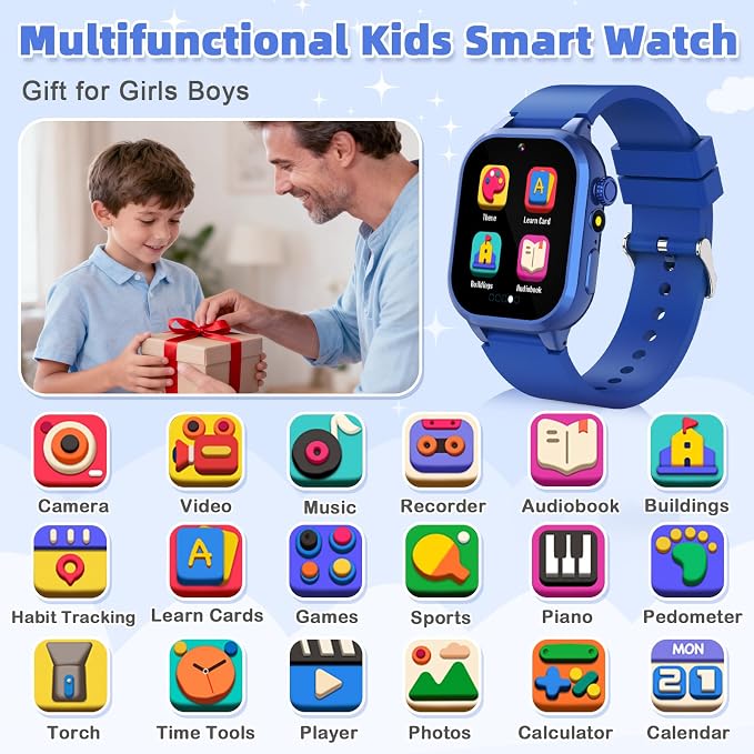 Smart Watch for Kids with 40 Games Video Camera Music Pedometer Flashlight Alarms 12/24 hr HD Touch Screen Kids Watch 2 Extra Bands Birthday Gift for Boys Girls Ages 4-12 Years Old(Blue)