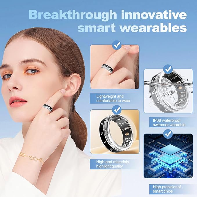 Smart Ring for Women & Men, AI Health Monitor with Blood Oxygen & Stress Tracking, No Subscription Fee, IP68 Waterproof Diamond-Encrusted Black 8#