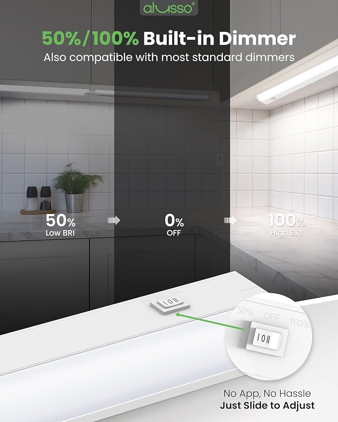 ALUSSO 24 Inch LED Under Cabinet Lighting Plug in 120V, 5CCT Color Selectable 2700K-5000K Dimmable 15W 1200LM High Brightness, CRI 90+ Strip Linkable Under Counter Lights for Kitchen Sink, 1 Pack