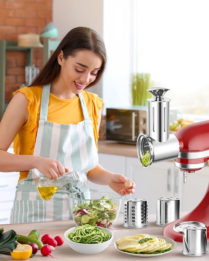 Jooke Latest Large Stainless Steel Slicer Shredder Attachment for KitchenAid Stand Mixers,Dishwasher Safe Vegetable Cheese Grater for KitchenAid Mixer Attachments,4 Blades,Time-Saving Salad Maker