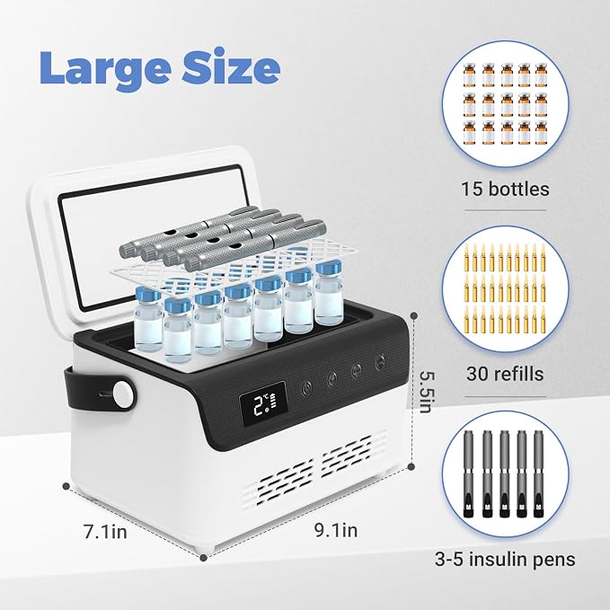 Electric Insulin Cooler Travel Case Box, Mini Insulin Fridge, Portable Insulin Refrigerator Diabetic Cooler Box for 4-5 Pens, 2-18℃ Temperature Control, with Handle, Power Supply, Rechargeable Battery