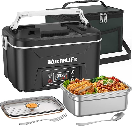 Heated Lunch Box, 24000mAh Cordless Electric Lunch Box with Scheduled Heating, 1.2L Rechargeable Portable Food Warmer with Digital Display for Work, Travel, Office, Camping,Black