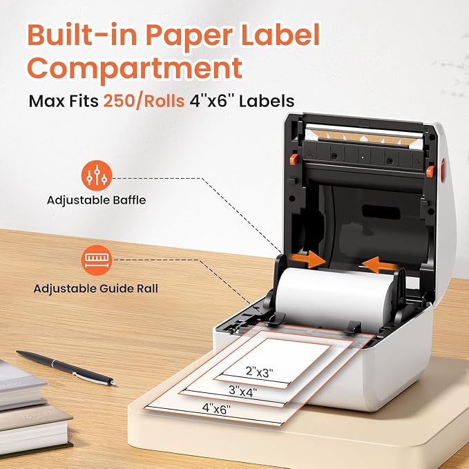 Bluetooth Shipping Label Printer with 3 Roll Labels, D450BT White Thermal Label Printer 4x6 for Small Business, Thermal Printers Come with 750PCS 4x6‬ White Labels (250 Labels/Roll)