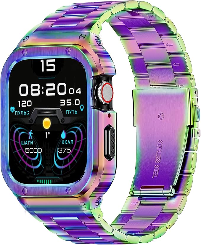 MioHHR Stainless Steel Band and Case Compatible with Apple Watch Band 45mm, Men Metal Protective Bumper Cover for iWatch Series 9/8/7, Multicolor