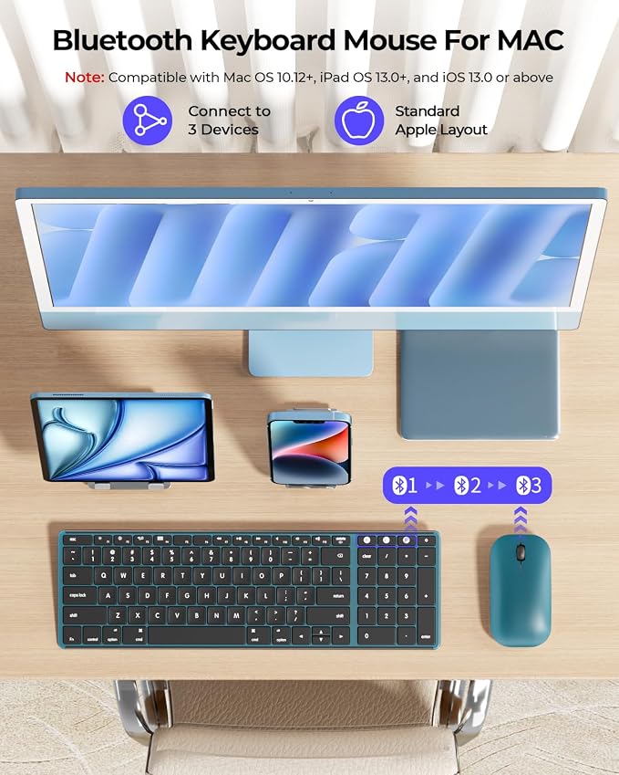 seenda Bluetooth Keyboard and Mouse Combo for Mac, SKM64-2 Rechargeable Silent Wireless Keyboard Mouse Compact Slim, 3 Multi-Device Connection, Compatible for Mac MacBook Pro/Air iPad, Black Blue