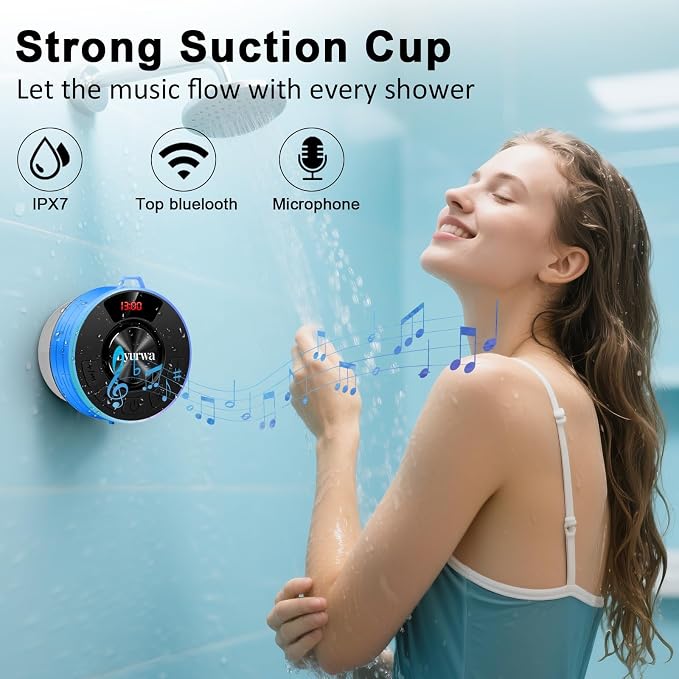 Bluetooth Shower Speaker, IPX7 Waterproof Shower Speaker Loud Clear Sound with Suction Cup, Digital Display/RGB Lights, Built-in Mic, 10H Playtime, Bathroom Speaker for Outdoor/Pool/Beach/Party/Gift.