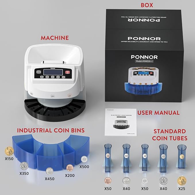 PONNOR Coin Counter Machine Sorter Change and Wrapper Roller Counting Organizer Sorts up to 300 Coins Per Minute Automatically Sorts and Batches - White
