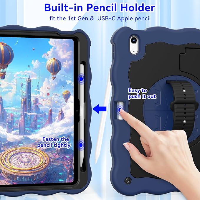 ZoneFoker for iPad A16 11th Generation 2025 / 10th Gen Case 2022, for 11 Inch / 10.9 Inch iPad Case Heavy Duty Cover Shockproof with Pencil Holder [360° Rotate Strap] & Stand, Navy Blue