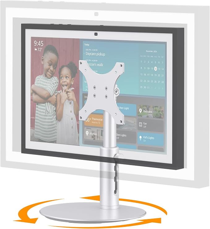 Laivli Rotating Stand for Echo Show 15 (Gen 1, Gen 2) and Show 21, Silver Aluminum Mount with Rotating Base, 4-Level Height Adjustable and Tiltable Holder, Easy Installation for Show 21/15 (Rotatable)